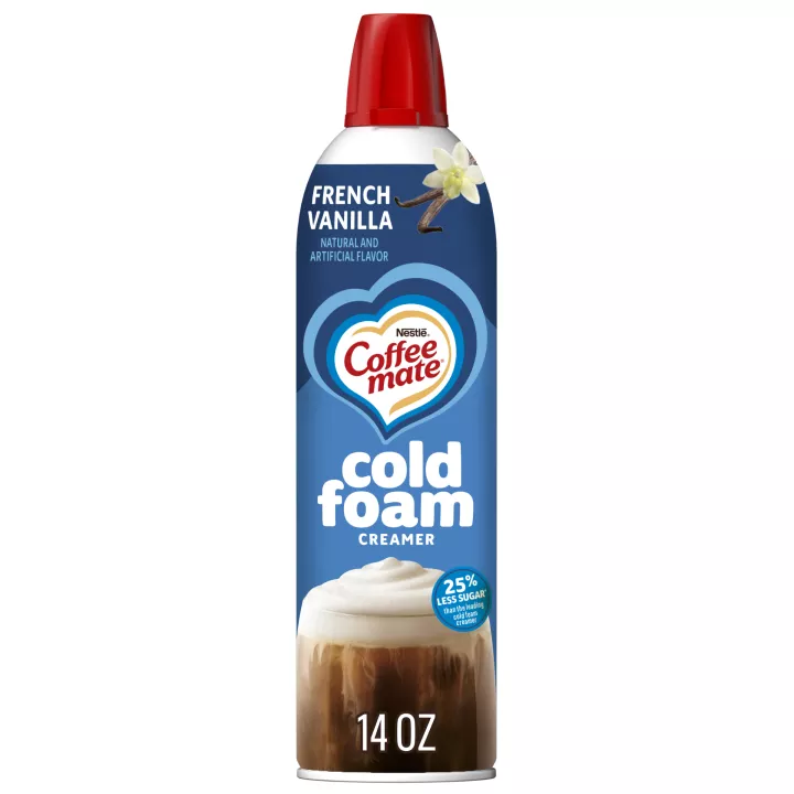 Front Center view of Coffee mate® French Vanilla Cold Foam Creamer, 14 oz Can NET WT 14 oz (396 g) product.