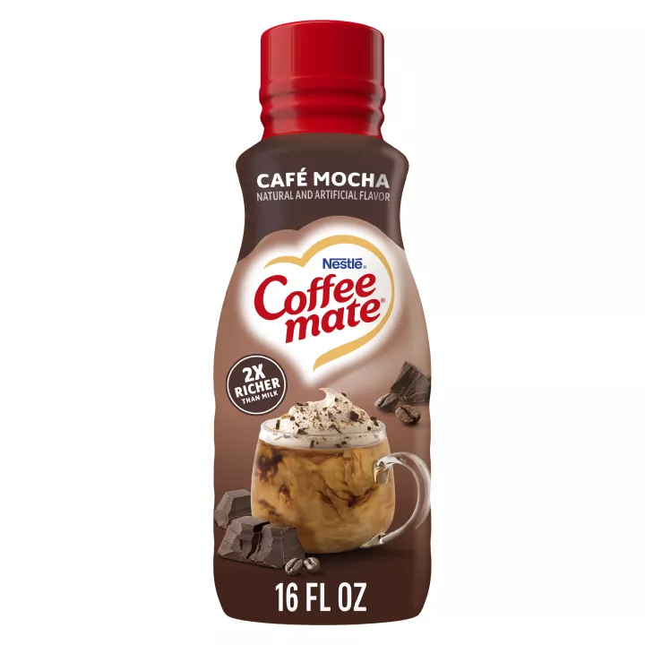 A brown bottle of Café Mocha creamer with a coffee mug and chocolate chunks under the Coffee mate logo.