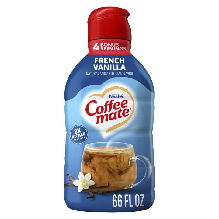 Bottle of French Vanilla Creamer with glass of iced coffee, vanilla beans and Try In Iced Coffee and 4 Bonus Servings.