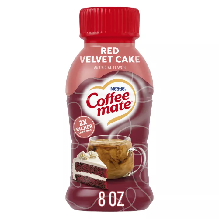 Vista frontal centrada de botella de NESTLE COFFEE MATE Liquid Creamer Red Velvet con peso de 8 fl oz (237 ml).