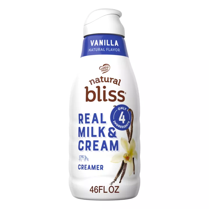White bottle of natural bliss Vanilla Creamer with a blue label, vanilla beans image and Only 4 Ingredients badge.