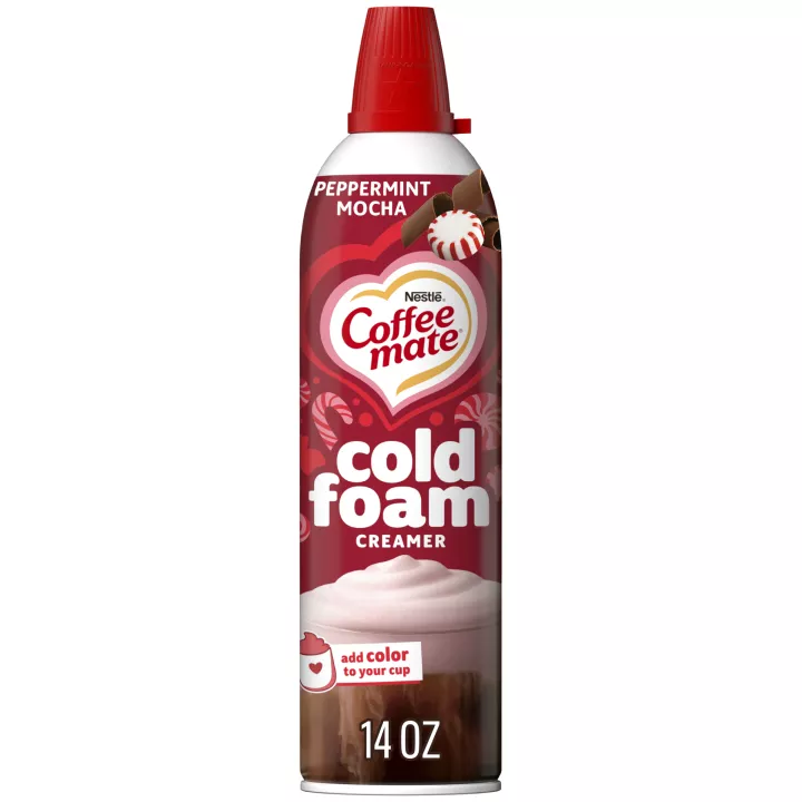 Front Center view of NESTLE COFFEE MATE Foam Creamer Peppermint 14oz Bottle 14 oz (396 g) product.