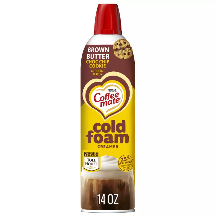 Front Center view of Coffee mate® Nestlé Toll House Brown Butter Chocolate Chip Cookie Cold Foam Creamer, 14 oz Can NET WT 14 oz (396 g) product.