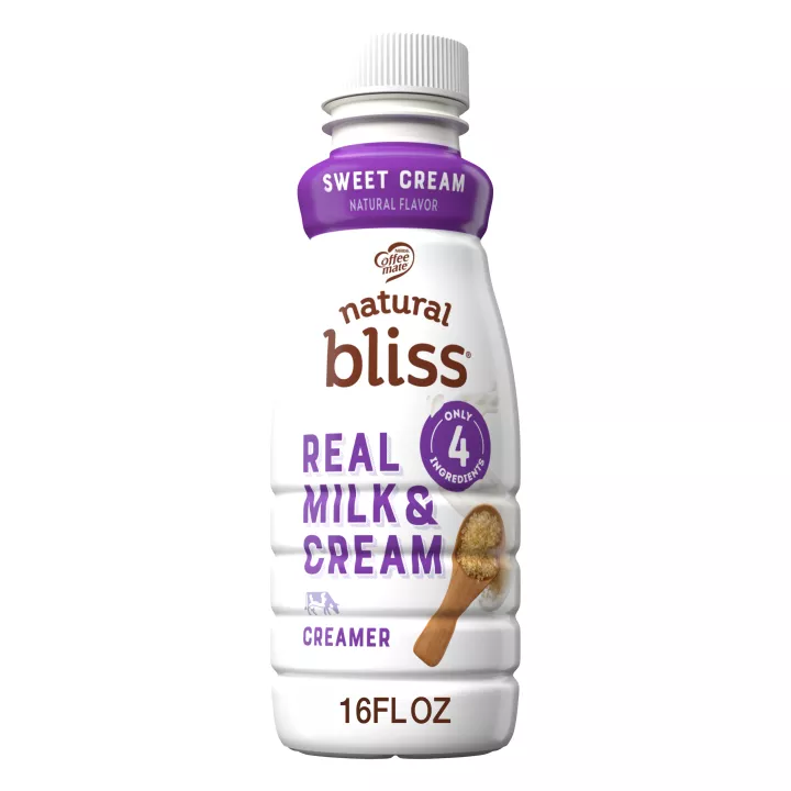 A white bottle of natural bliss Sweet Cream Creamer with a purple label above dairy pitchers and the product name.