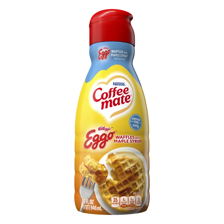 Botella de creamer Eggo® Waffles with Maple Syrup con logo Eggo de Kellogg's®, waffle y sirope que lee por tiempo limitado.