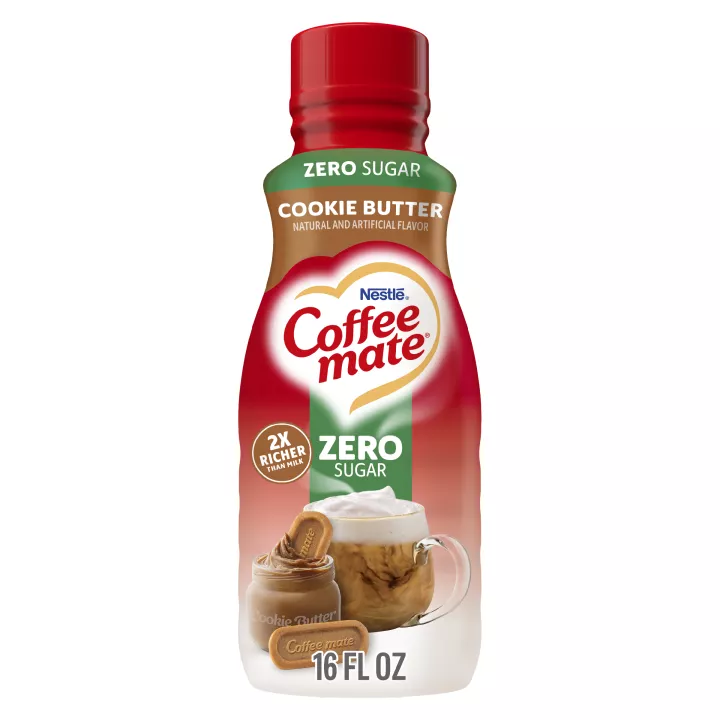 Front Center view of NESTLE COFFEE MATE Zero Sugar Liquid Creamer Cookie Butter 16floz Bottle 16 FL OZ (1 PT) 473 mL product.