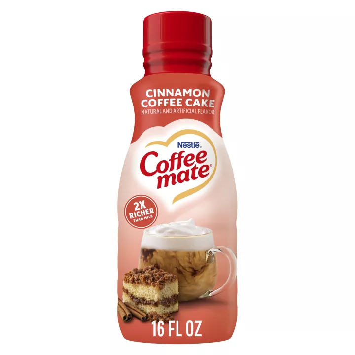 Front Center view of NESTLE COFFEE MATE Liquid Creamer Cinnamon Coffee Cake 16floz Bottle 16 FL OZ (1 PT) 473 mL product.