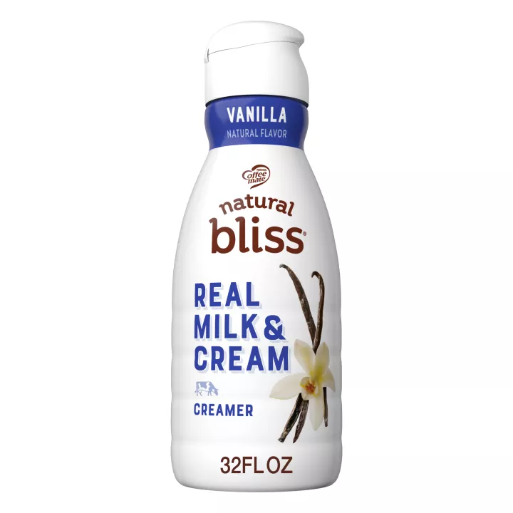 White bottle of natural bliss Vanilla Creamer with a blue label, vanilla beans image and Only 4 Ingredients badge.