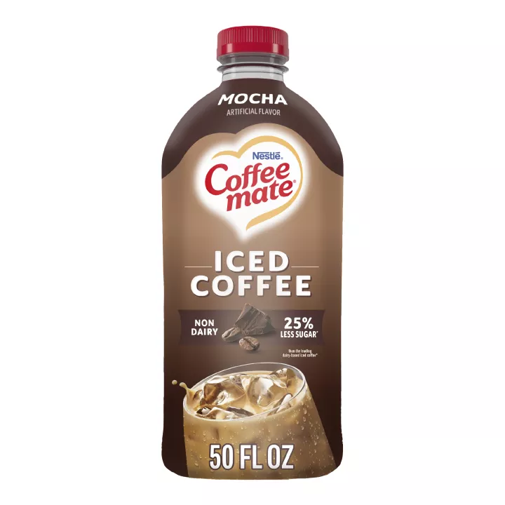 Vista frontal centrada de botella de 50 fl oz (1.56 QT, 1.47 L) de café helado COFFEE MATE sabor Mocha.