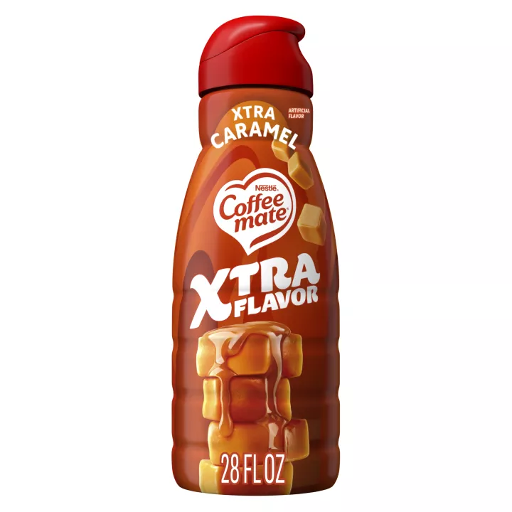 Front Center view of COFFEE MATE Xtra Caramel Non-Dairy Creamer 28oz Bottle 28 FL OZ (828 mL) product.