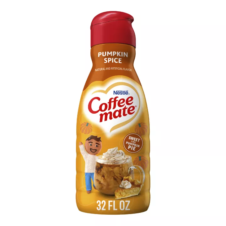 Front Center view of Coffee Mate NESTLE COFFEE MATE Pumpkin Spice Liquid Non-Dairy Creamer 32 fl. oz. Bottle 32 FL OZ (1 QT) 946 mL product.