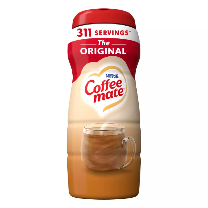 A canister original Coffee mate creamer featuring a red label, coffee mug, biscotti and the Coffee mate logo.