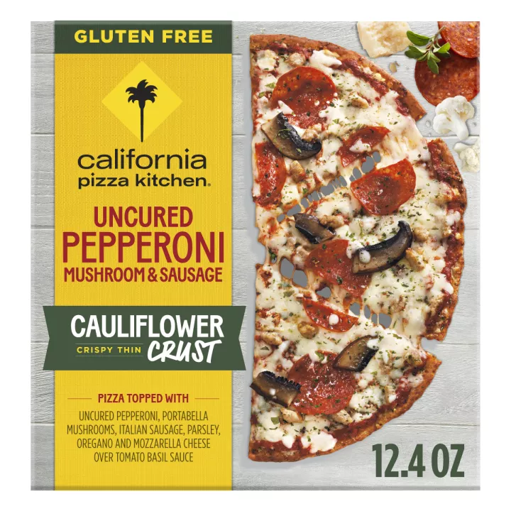 Front Center view of California Pizza Kitchen Cauliflower Crust Uncured Pepperoni Mushroom and Sausage Frozen Pizza 12.4 oz Box NET WT 12.4 oz (353 g) product.