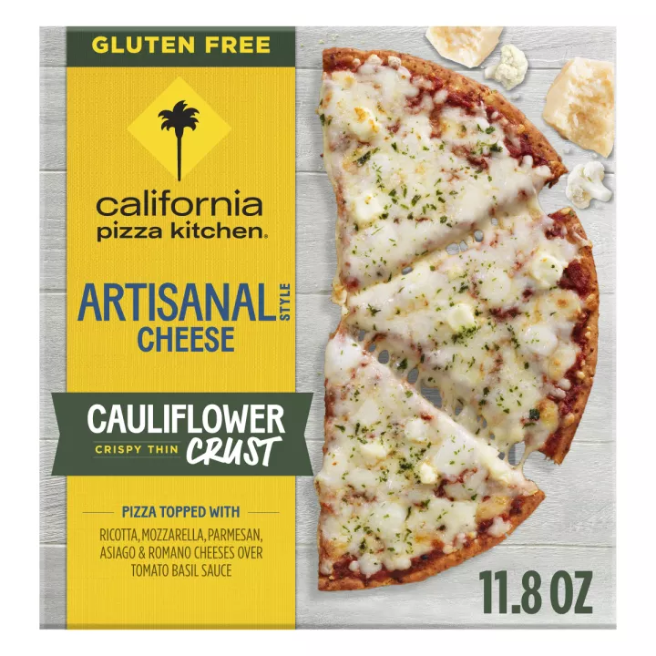 Front Center view of California Pizza Kitchen Cauliflower Crust Artisanal Style Cheese Frozen Pizza 10 in 11.8 oz Box NET WT 11.8 oz (336 g) product.
