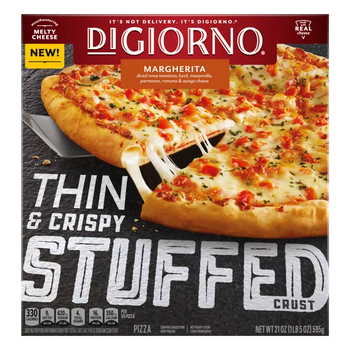 Box of Margherita Thin & Crispy Stuffed Crust pizza with made with real cheese and mouthwatering melty cheese badges.