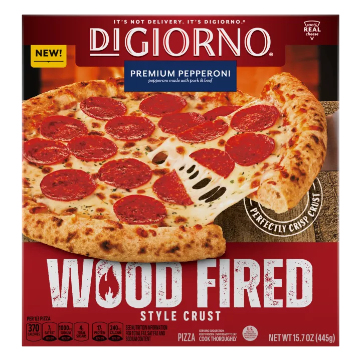 Front Center view of DIGIORNO Frozen Wood Fired Pizza Premium Pepperoni 15.7oz Box NET WT 15.7 oz (445g) product.