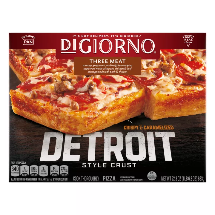 Box of DiGiorno Detroit Style Crust Three Meat Pizza with a Crispy and Caramelized badge.