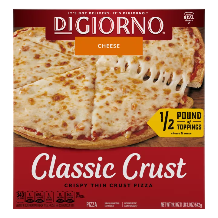 Front view of DiGiorno Frozen Classic Crust Cheese Pizza.
