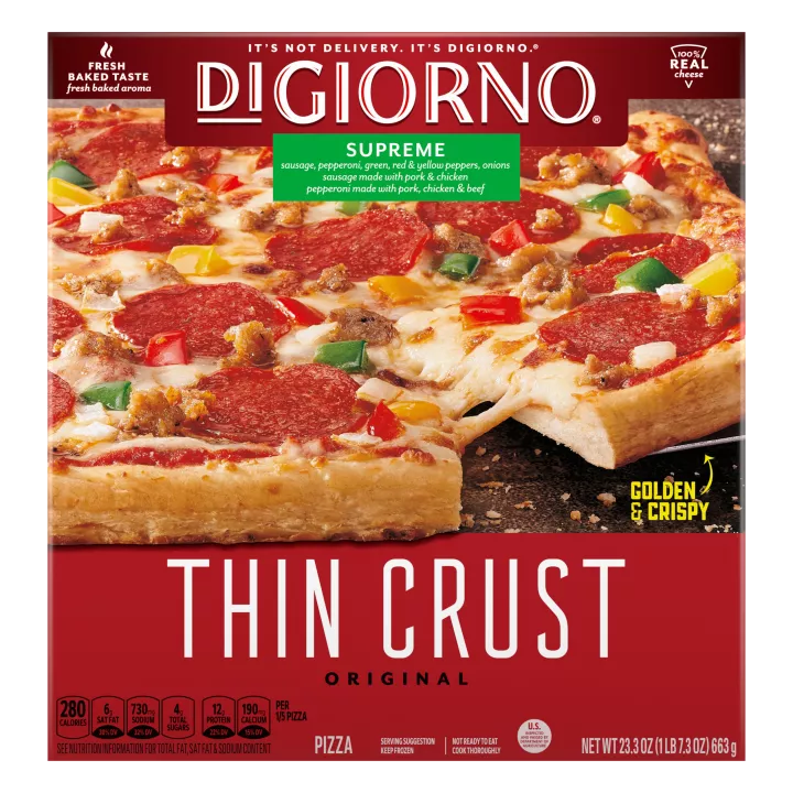Red box with center-aligned product labels showing DIGIORNO Original Thin Crust Supreme Pizza with slice being pulled away