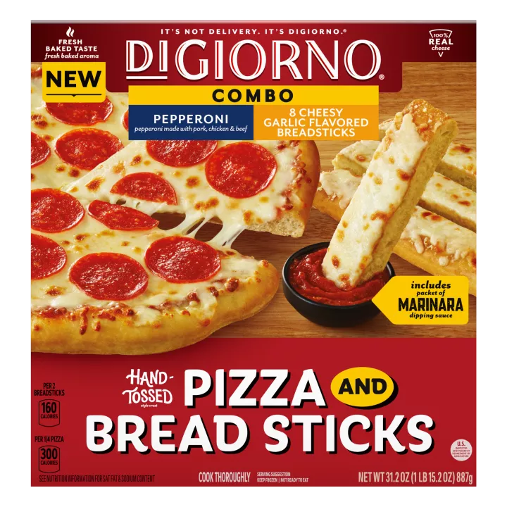 Red box with center-aligned product labels showing DIGIORNO Hand-Tossed Pepperoni Pizza and Cheesy Garlic Breadsticks