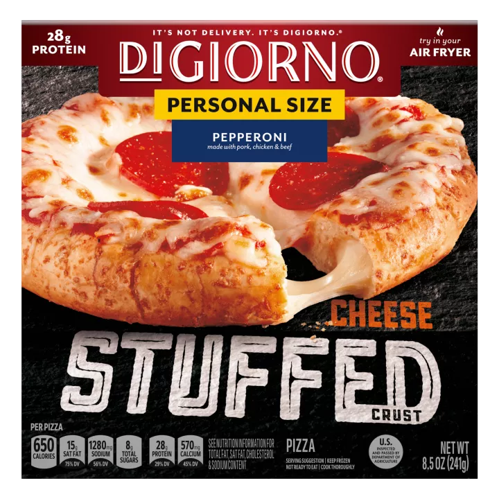 Box of DiGiorno Small Sized Stuffed Crust Pepperoni Pizza with cheese stretching from pizza crust and the Stuffed Crust logo.
