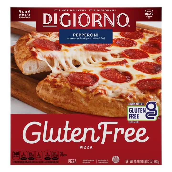 A box of Gluten Free Pepperoni Pizza with New & Improved Recipe, No Wheat Ingredients and 100% Real Cheese labels.