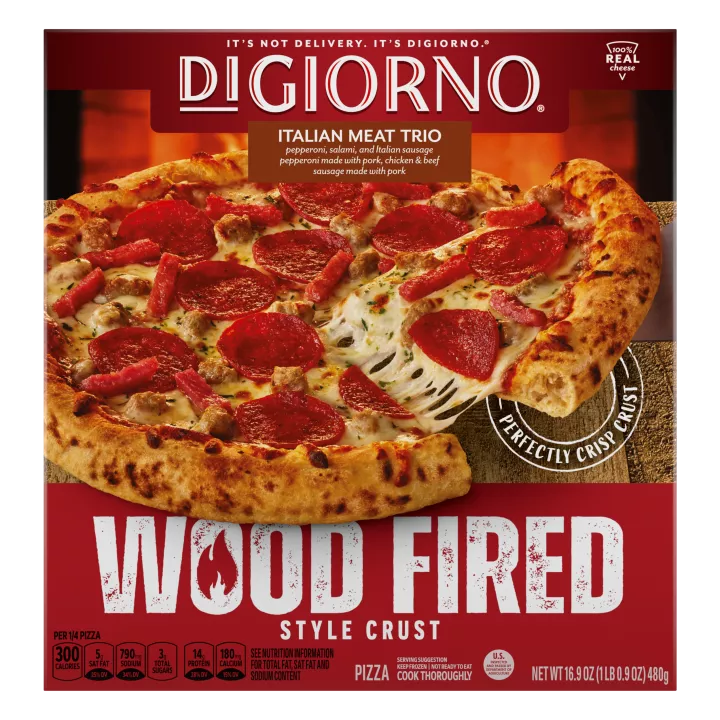 Front Center view of DIGIORNO Frozen Wood Fired Pizza Italian Meat Trio 16.9oz Box NET WT 16.9 oz (1 lb. 0.9oz) 480g product.