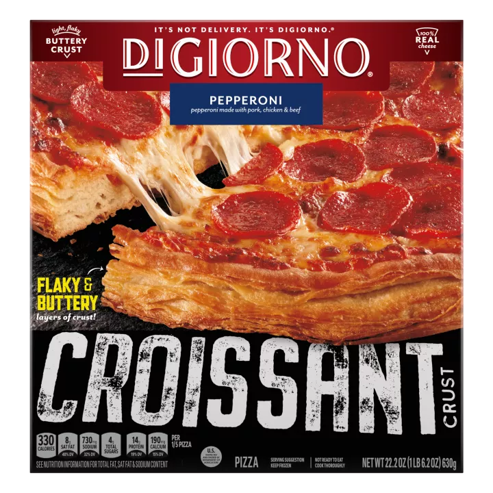Box of DiGiorno Croissant Crust Pepperoni Pizza with BUTTERY layers of crust label and the Croissant Crust logo.