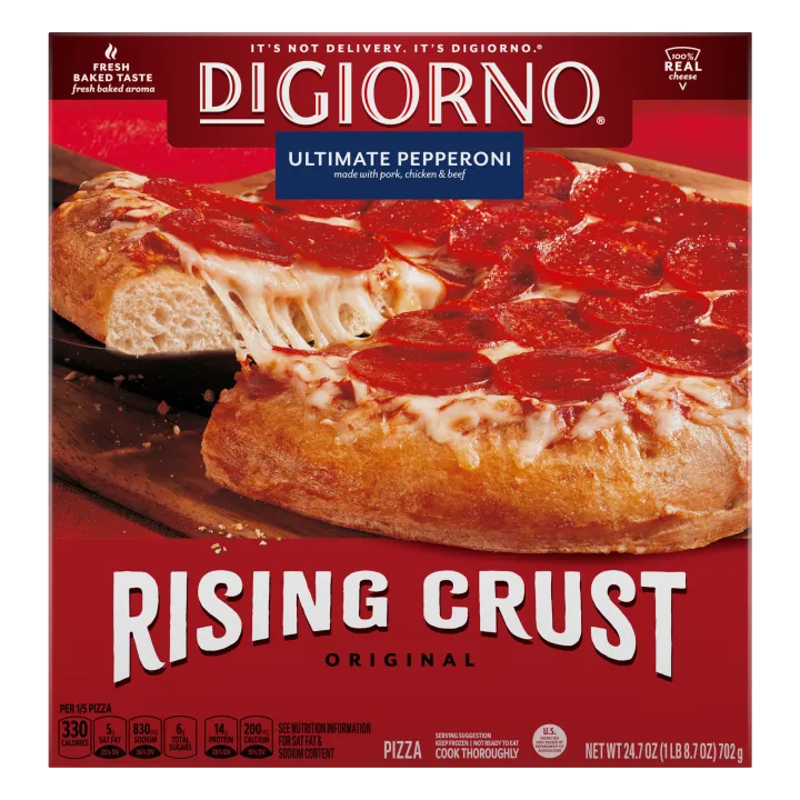 Box of DiGiorno Rising Crust Ultimate Pepperoni pizza with pizza on a cutting board, Rising Crust logo and real cheese badge.