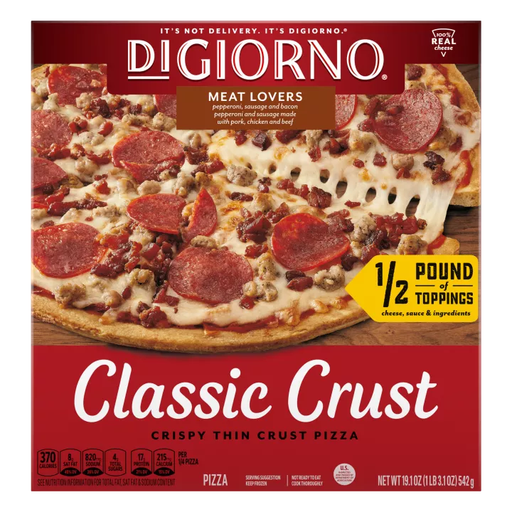 Box of DiGiorno Classic Crust Meat Lovers Pizza with a half pound of toppings, sauce, cheese and ingredients badge.