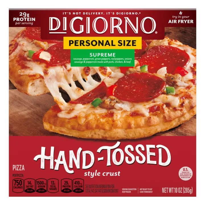 Box of Small Sized Hand-Tossed Style Crust Supreme Pizza with the Traditional Crust logo near a whole pizza.