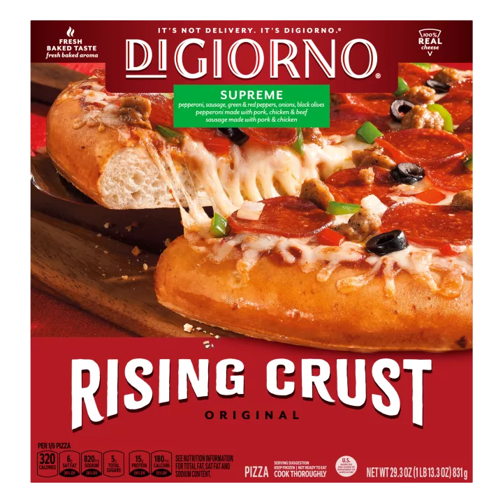 Box of DiGiorno Rising Crust Supreme pizza with a slice on a cutting board and the Rising Crust logo.