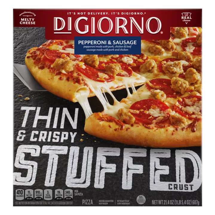 Box of Pepperoni & Sausage Thin & Crispy Stuffed Crust pizza made with real cheese & mouthwatering melty cheese badges. Pepperoni made with pork, chicken and beef. Sausage made with pork and chicken.