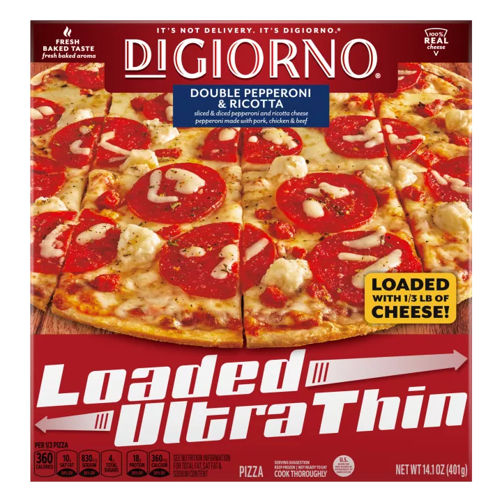 Front Center view of DiGiorno Loaded Ultra Thin Double Pepperoni and Cheese 11in Frozen Pizza 14.1oz NET WT 14.1 oz (401 g) product.
