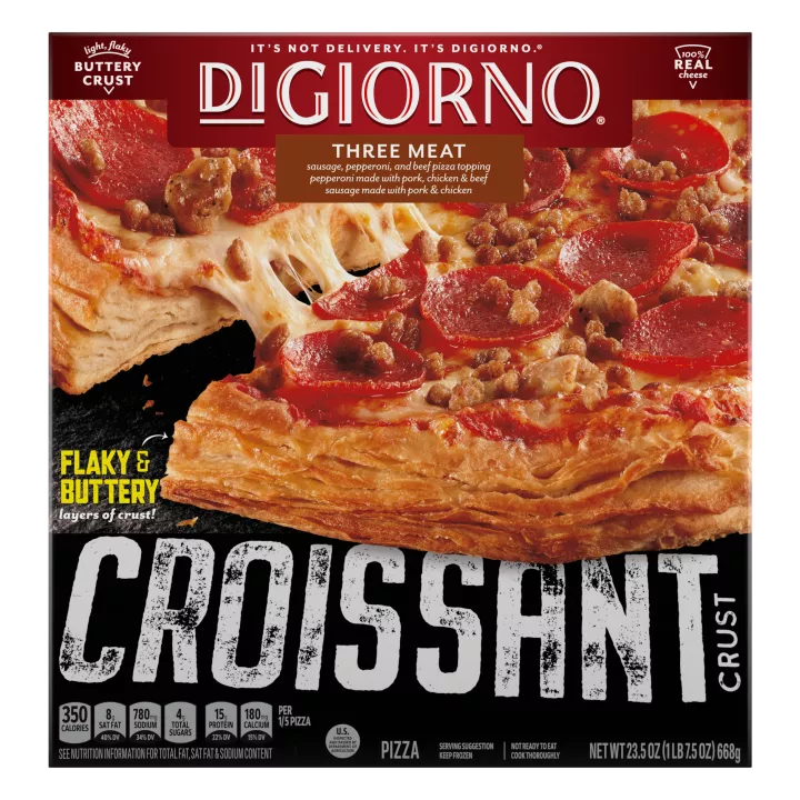 Box of DiGiorno Croissant Crust Three Meat Pizza with BUTTERY layers of crust label and the Croissant Crust logo.