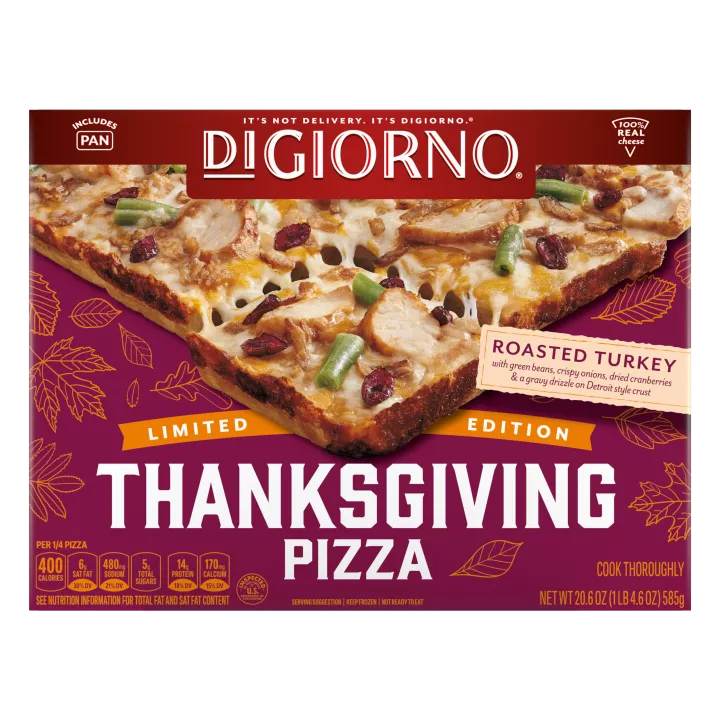 Front Center view of DiGiorno Thanksgiving Pizza Roasted Turkey Frozen Pizza 20.6 oz Box NET WT. 20.6 oz (1 lb 4.6 oz) 585 g product.
