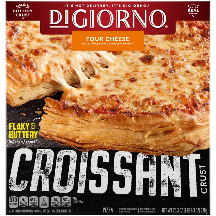 Box of DiGiorno Croissant Crust Four Cheese Pizza with "FLAKY & BUTTERY layers of crust!" label and Croissant Crust logo.