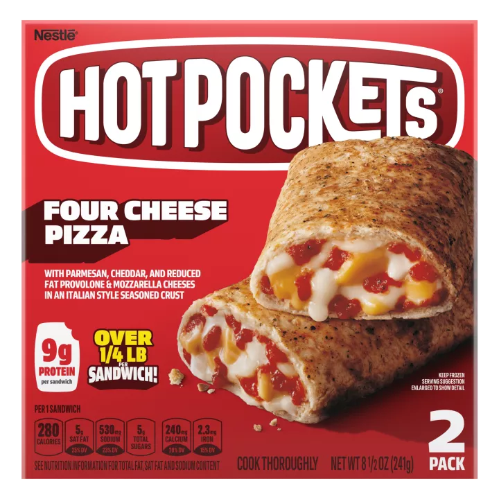 Box of Four Cheese Pizza Hot Pockets® with the product name, image and a “2 Pack” label in the bottom right corner.