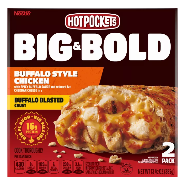 Box of Buffalo Style Chicken Hot Pockets® with the product name, product image and a “2 Pack” label in the corner.