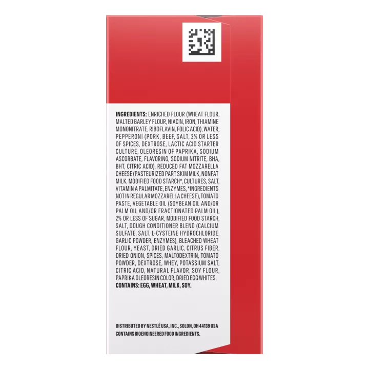 Right angle view photograph of a box of Pepperoni Pizza Hot Pockets® featuring the red and white Hot Pockets logo above the product name and a golden brown garlic butter crust stuffed with pepperoni and melted mozzarella cheese on a bright red surface with a “5 Pack” label in the bottom right corner.