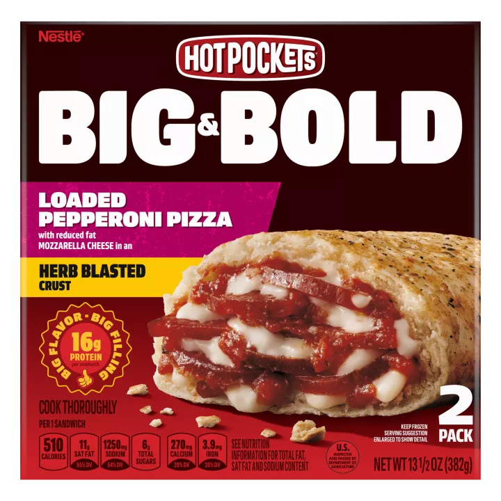 Box of BIG & BOLD Pepperoni Hot Pockets® with the product name, product image and a “2 Pack” label in the corner.