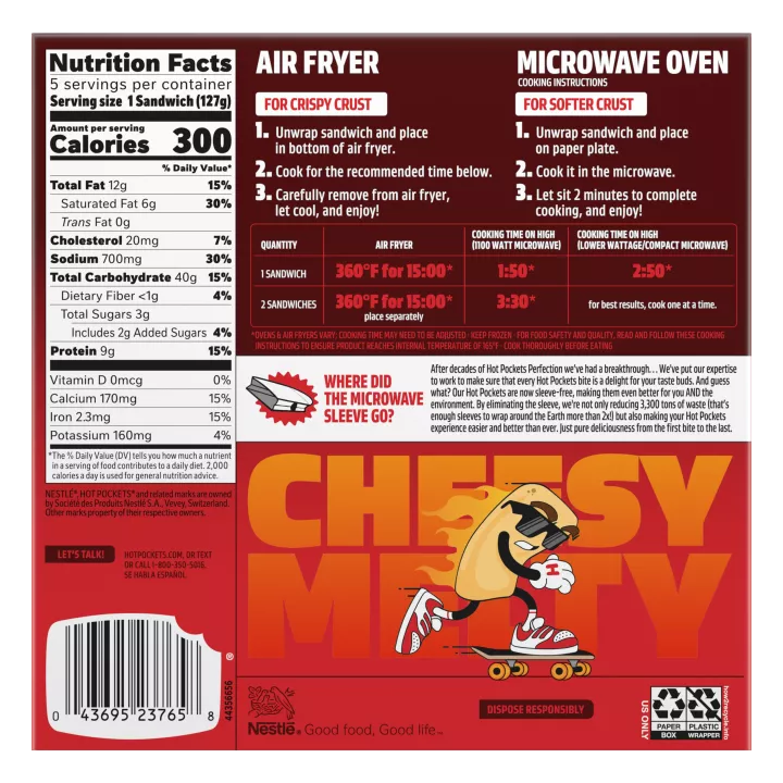 Left angle view photograph of a box of Steak & Cheddar Cheese Hot Pockets® featuring the red and white Hot Pockets logo above the label and product name beside a golden brown crispy butter crust stuffed with steak and melted cheddar cheese on a black surface with a “5 Pack” label in the bottom right corner.