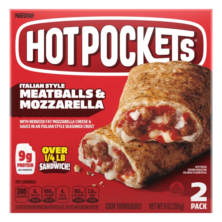 Box of Italian Style Meatballs and Mozzarella Hot Pockets® with product name, image, and a “2 Pack” label in the corner.