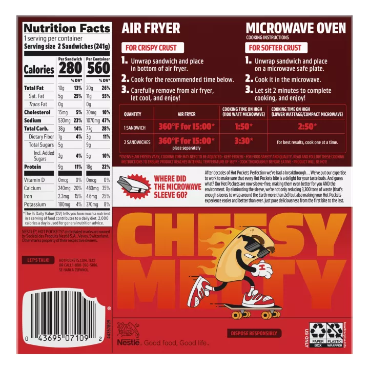 Left angle view photograph of a box of Four Cheese Pizza Hot Pockets® featuring the red and white Hot Pockets logo above the product name and a golden brown garlic pizza crust stuffed with parmesan, cheddar, provolone, and mozzarella cheese on a bright red surface with a “2 Pack” label in the bottom right corner.