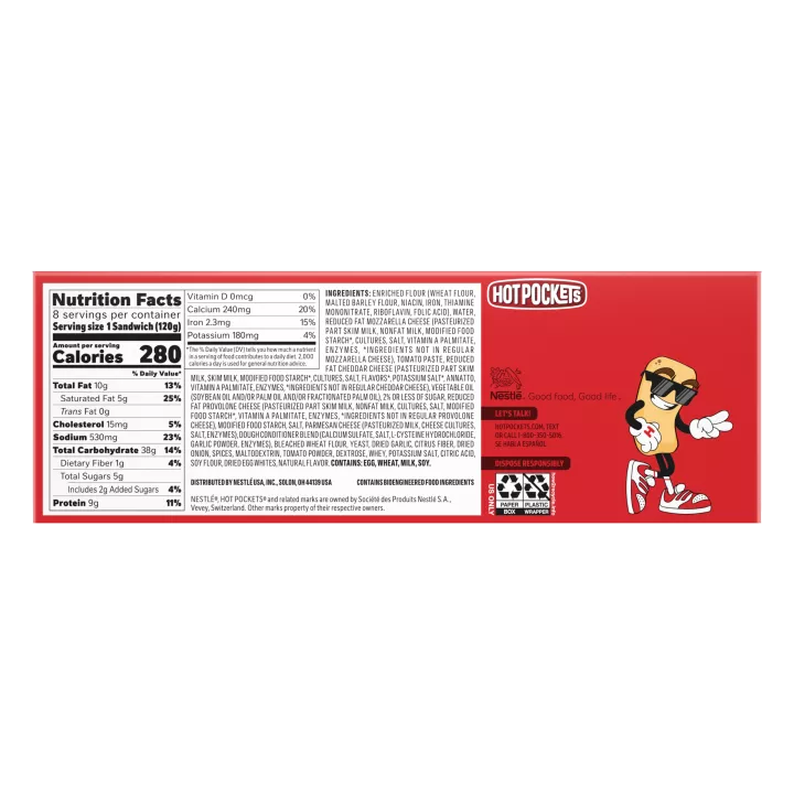 Box of Four Cheese Pizza Hot Pockets® with product name, image, and 8 Pack and new size badges.