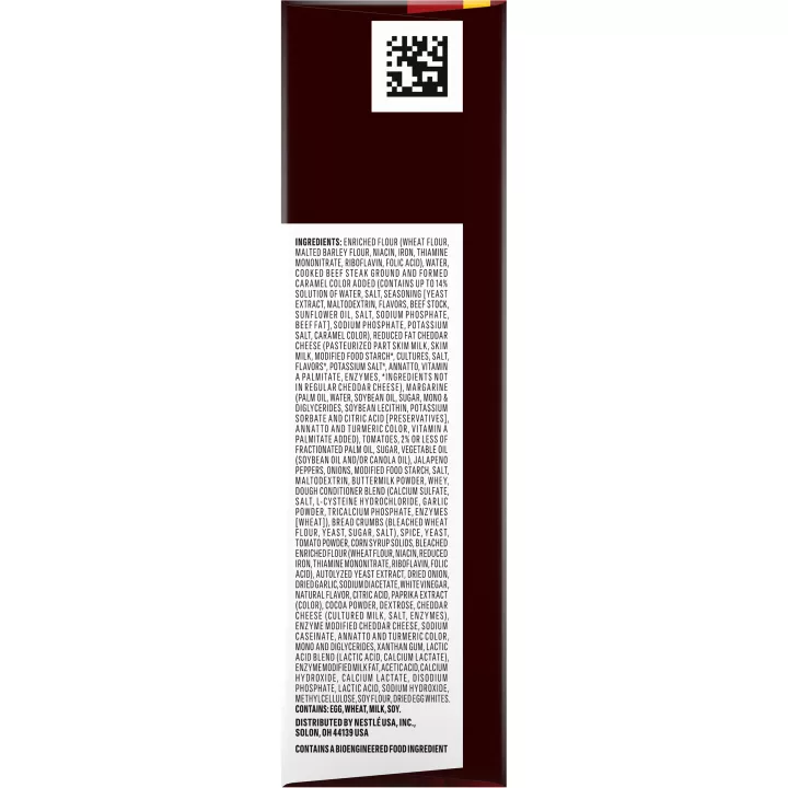 Right angle view photograph of a box of Sriracha Steak Hot Pockets® featuring the red and white Hot Pockets logo above the product name and the Big & Bold label beside a golden brown sriracha blasted crust stuffed with steak, jalapenos, and melted cheddar cheese on a dark red surface with a “2 Pack” label in the bottom right corner.