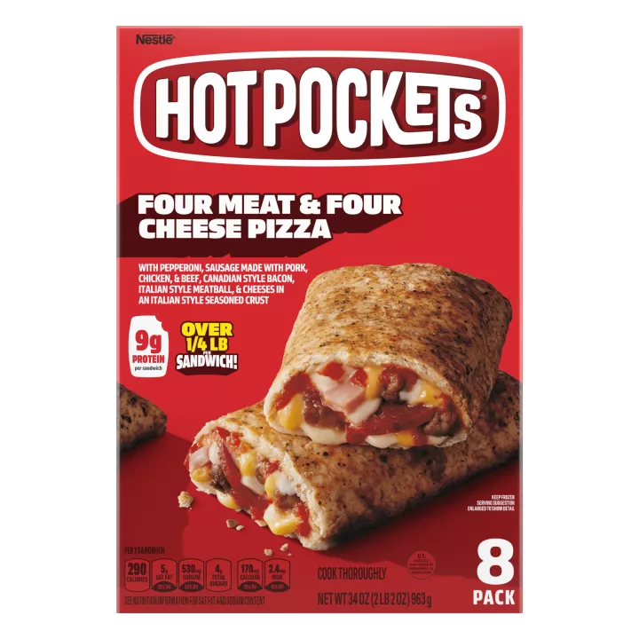 Box of Four Meat & Four Cheese Pizza Hot Pockets® with 8 pack, 9g protein and made with real cheese (over a 1/4 lb per sandwich?) labels.