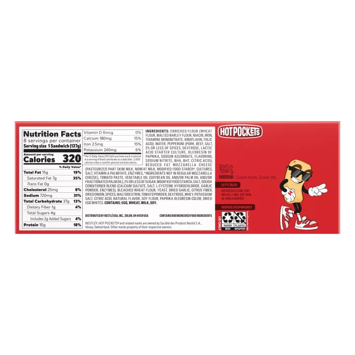 Box of Pepperoni Pizza Hot Pockets® with the product name, image, and 8 Pack and new size badges.