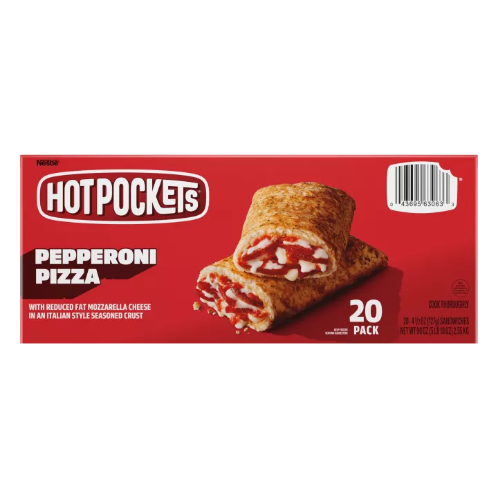 Box of Pepperoni Pizza Hot Pockets® with the product name, image, and 20 Pack and new size badges.