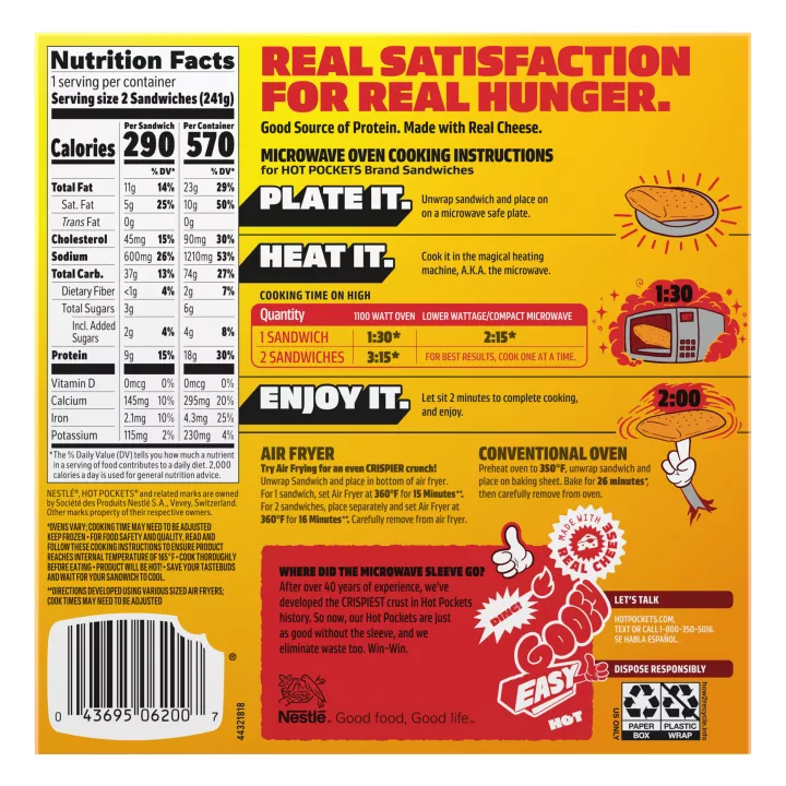 A yellow box of Bacon, Egg & Cheese Hot Pockets with a croissant crusted sandwich on a green label.